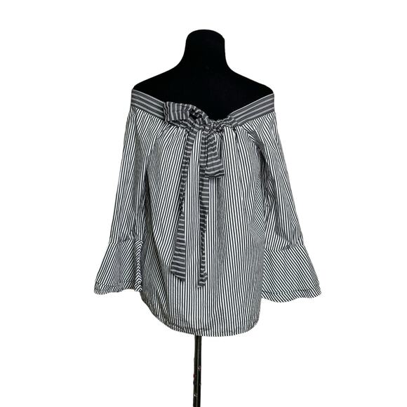 Loft gray white stripes off shoulder 3/4 sleeves blouse size small - Picture 12 of 13